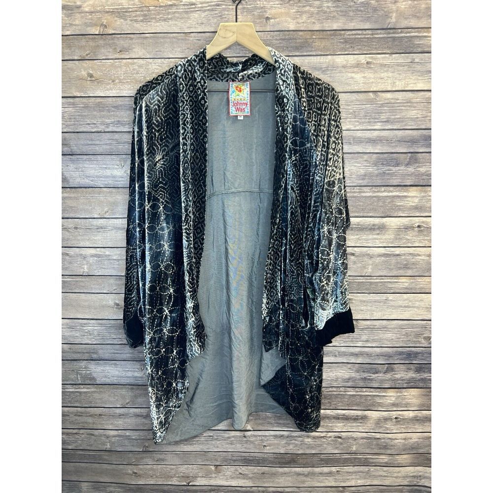 Johnny Was Black and Silver Velvet Burnout Draped Kimono